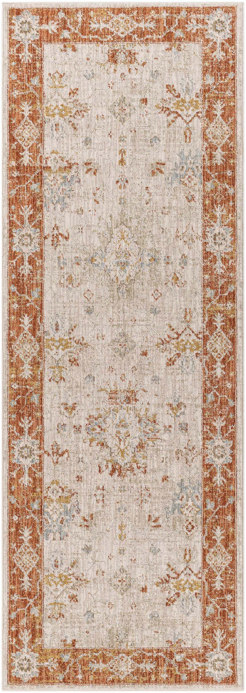 Tsawwassen Thick Luxe Area Rug in light beige with brick red border. Traditional style with oriental rug pattern. Design-Runner-2773