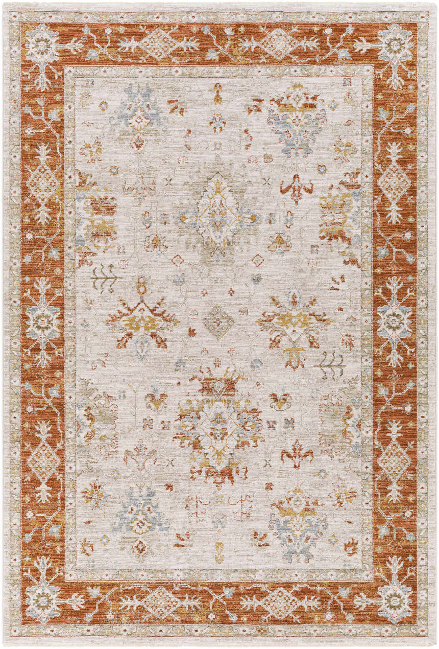 Tsawwassen Thick Luxe Area Rug with brick red border and light beige, blue, and gold traditional-style pattern. Design-Rectangle-575