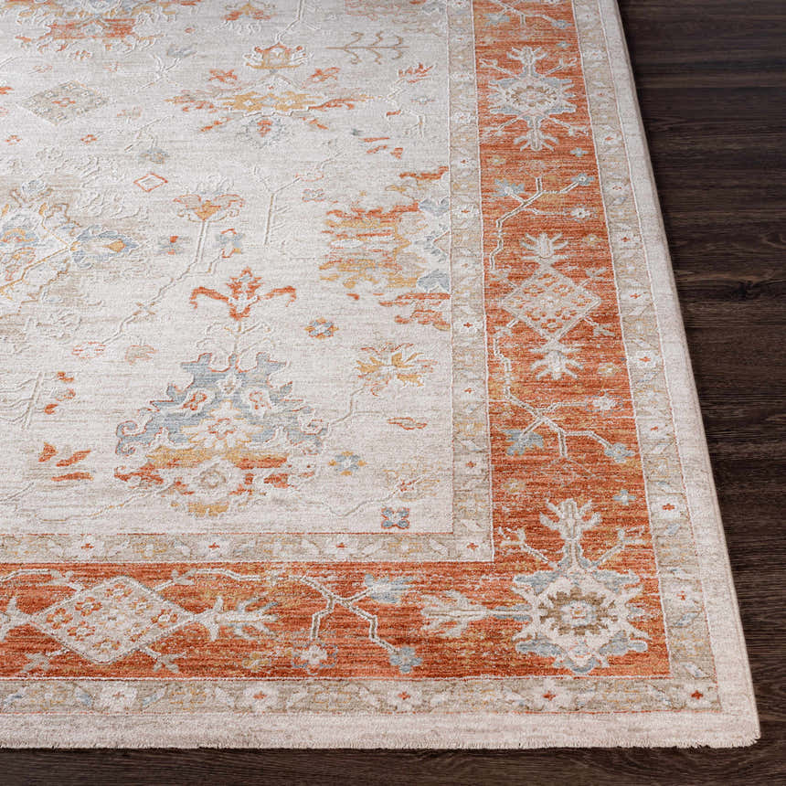 Close-up of the Tsawwassen Thick Luxe Area Rug showing brick red, beige, and blue traditional patterns. Front