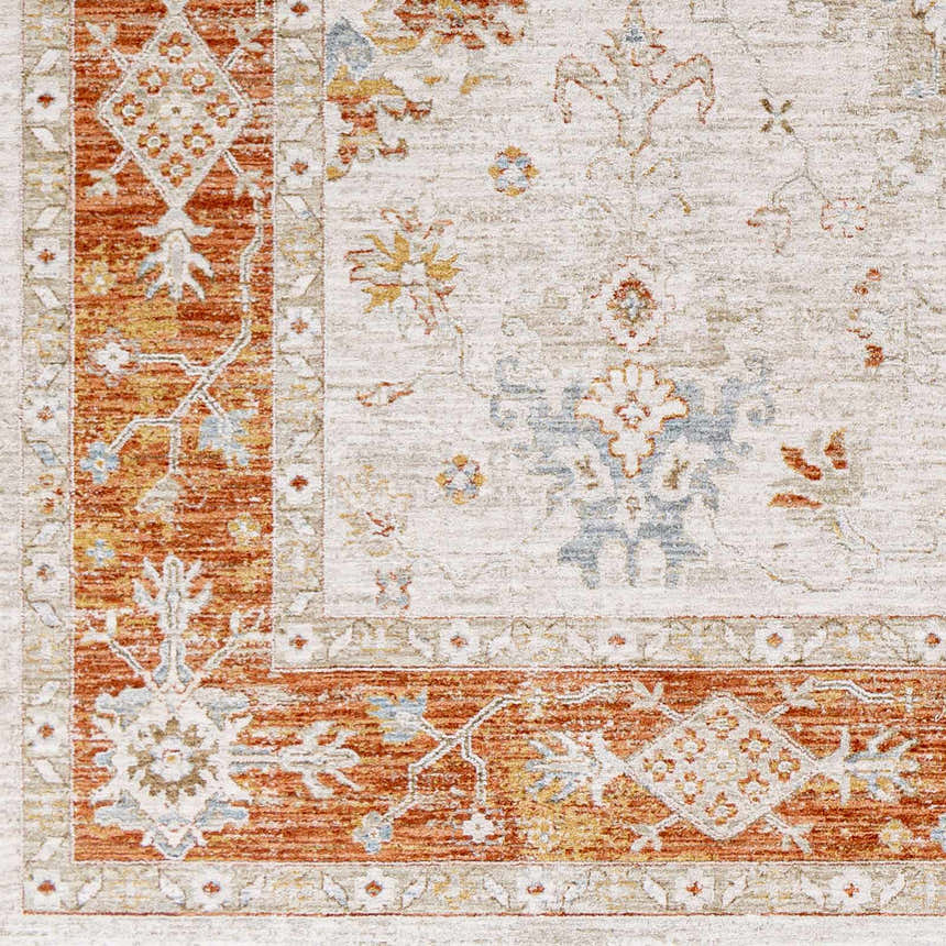 Close-up of the Tsawwassen Thick Luxe Area Rug showing brick red, beige, and blue traditional pattern and texture. Swatch