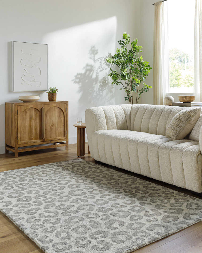 Living room scene with a light silver Tomas Area Rug, cream sofa, and wooden cabinet. Roomscene-Rectangle