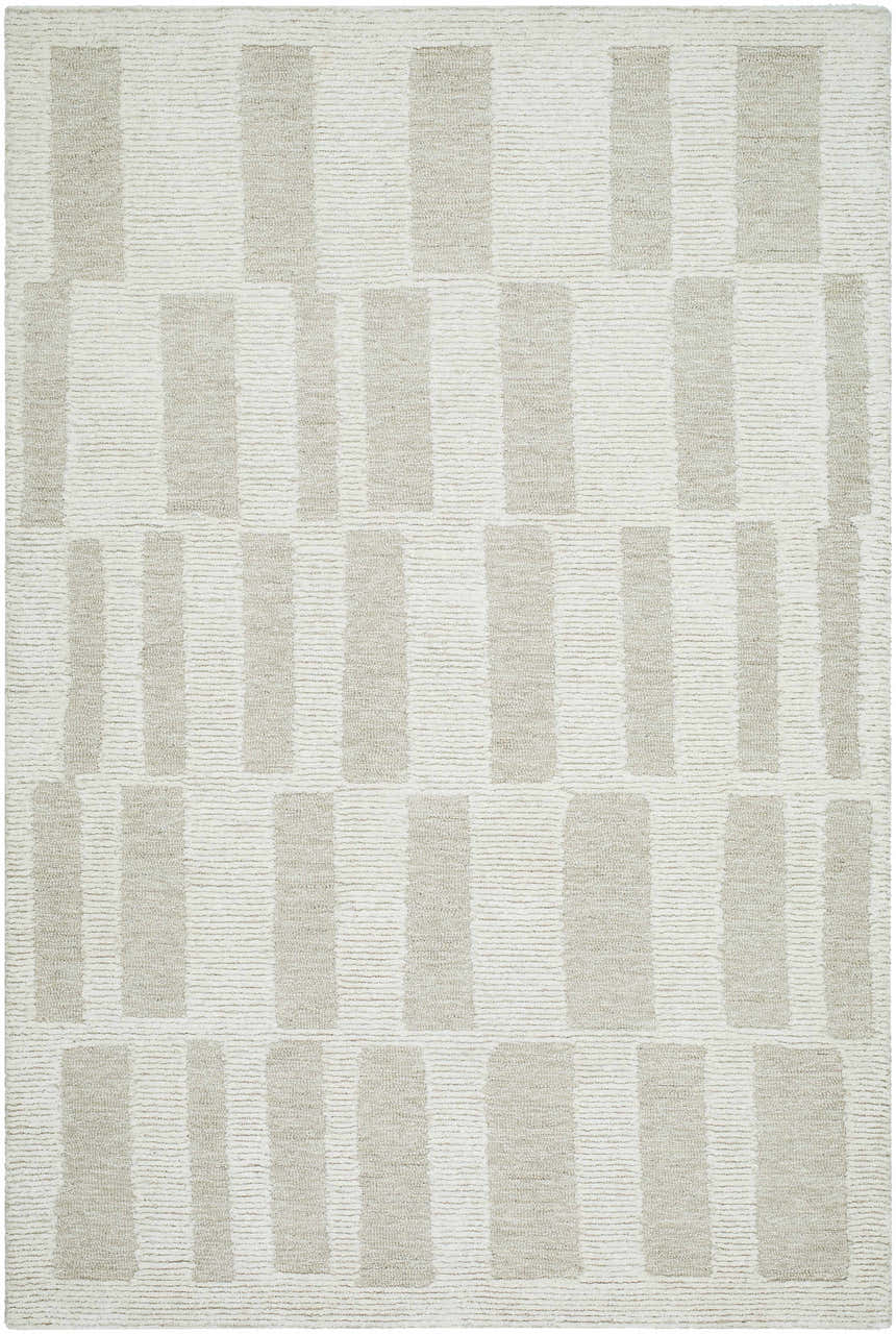 Close-up of the Teige Light Silver Area Rug. Hand-tufted wool rug with a contemporary light silver and sterling gray geometric pattern. Design-Rectangle-576