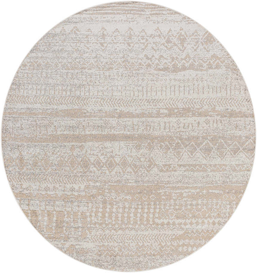 Close-up of round Tupsan Washable Area Rug. Cream, light beige, and light gray with a contemporary tribal-inspired pattern. Design-Round-67