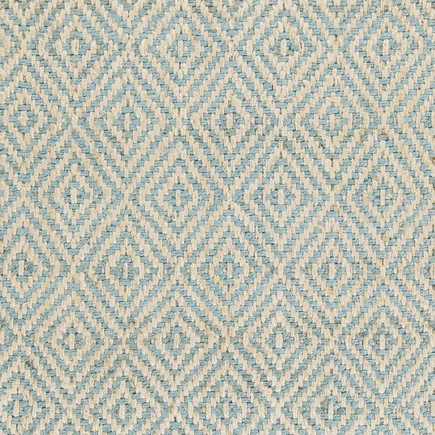 Close-up of Tyronza Clearance Jute Rug; cream and sky blue diamond pattern, hand woven texture. Swatch
