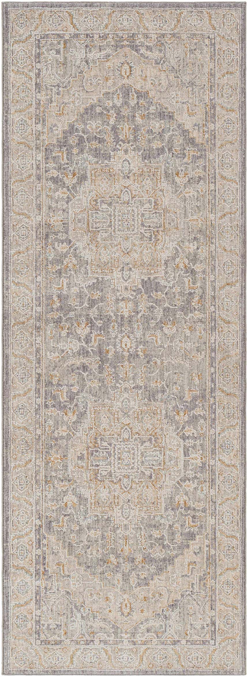 Close-up of the Ulubey Distressed Gray Thick Luxe Area Rug. Features traditional oriental rug patterns in gray, beige, and tan. Design-Runner-2773