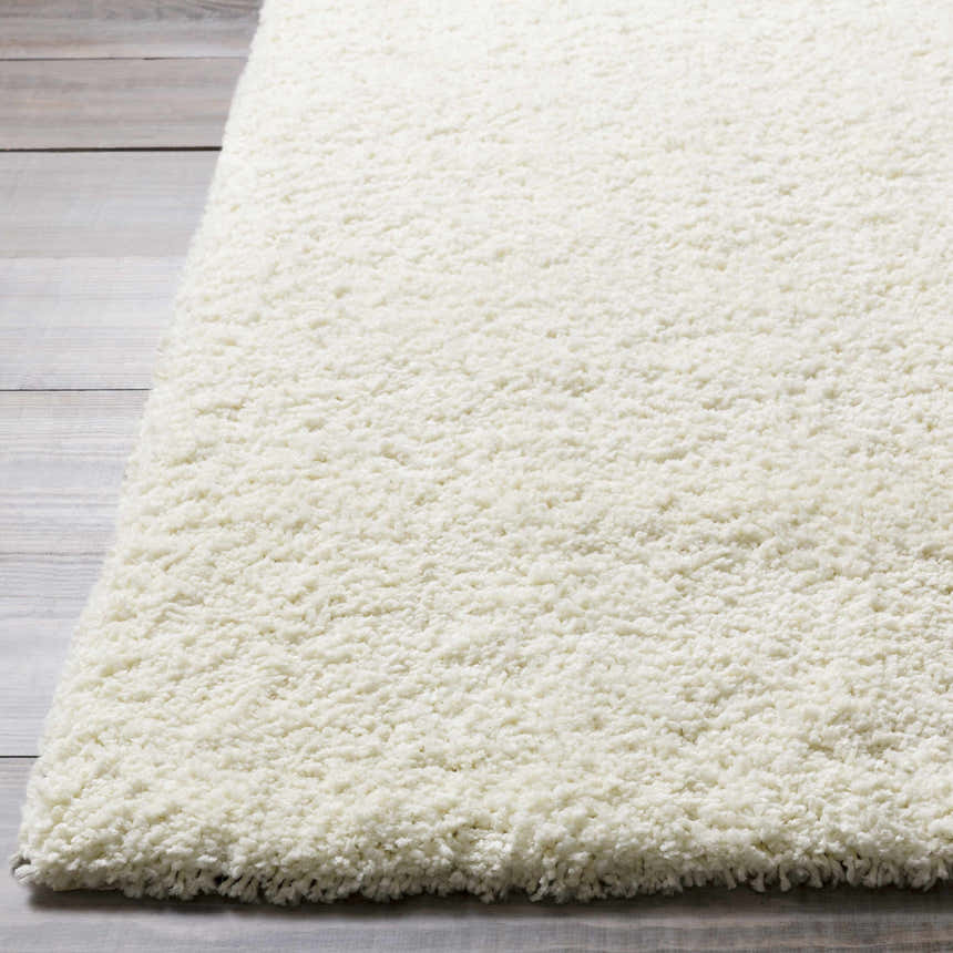 Close-up of the cream Umpire Area Rug showing its soft, shag texture and hand-woven construction. Front