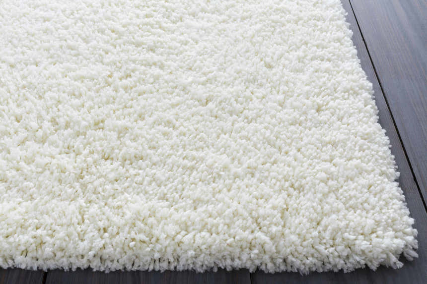 Close-up of the cream Umpire Area Rug. This shag rug has a soft, textured pile and is hand woven. Styleshot