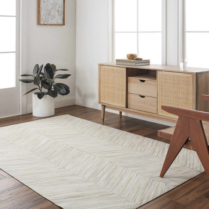 Living room scene with a cream Upland Premium Rug, wood floors, cabinet, chair, and plant. Roomscene-Rectangle