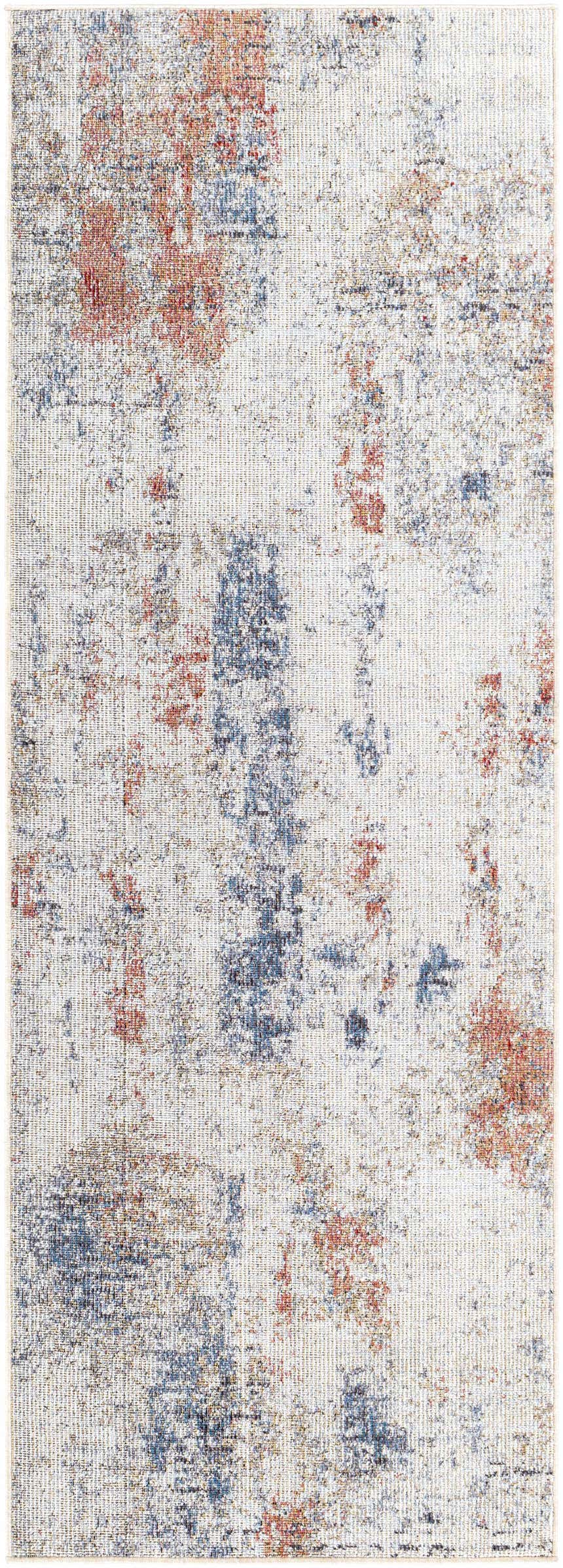 Close-up of the Upminster Area Rug, a machine-woven polyester rug in brick red, charcoal, and light beige. Abstract design. Design-Runner-2773