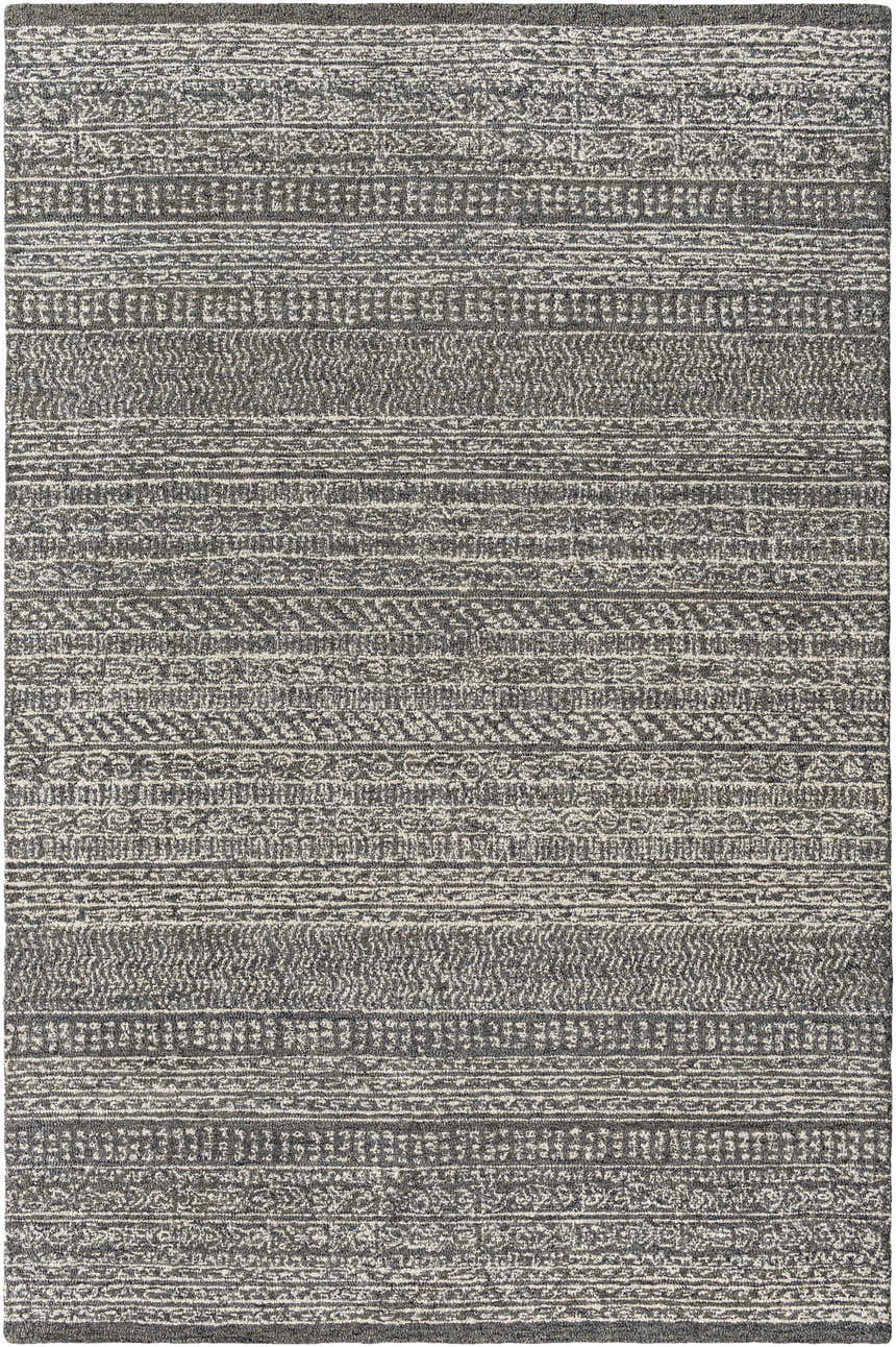 Close-up of the hand-tufted Urvi Area Rug. Gray and smoke wool rug with farmhouse-style horizontal patterns and texture. Design-Rectangle-576