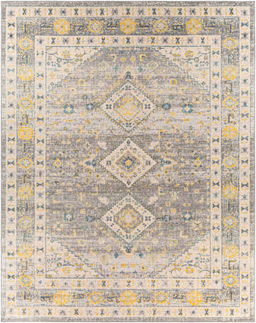 Close-up of the Varnville Area Rug. Contemporary style with aqua, blue, charcoal, cream, gray, and mustard colors. Geometric pattern. Design-Rectangle-71010