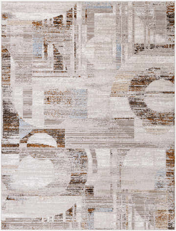 Close-up of the Vonte Area Rug, a clearance item with abstract geometric patterns in taupe, brown, white, and a hint of denim blue. Design-Rectangle-537