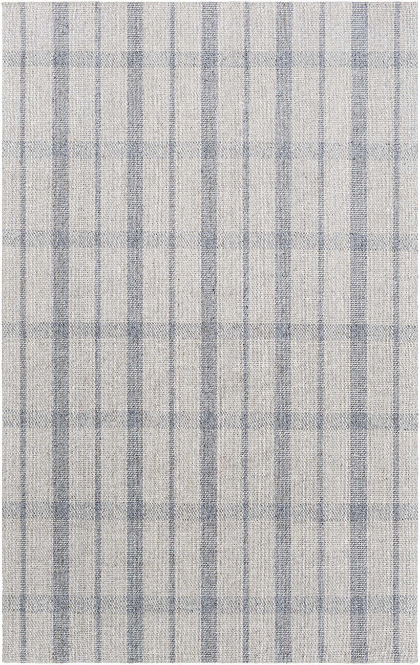 Close-up of the Verdon Light Gray Plaid Rug, showing gray and oatmeal tones and hand-woven texture. Design-Rectangle-576