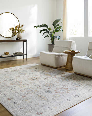 Light and airy living room with the light silver Vijay Area Rug, two armchairs, and a console table. Roomscene-Rectangle