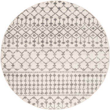 Close-up of the Vicksburg All Over Pattern Rug, round shape, featuring a charcoal and light beige bohemian design. Design-Round-53