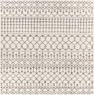 Close-up of the Vicksburg Rug, showcasing its charcoal and light beige all over geometric pattern. Design-Square-710