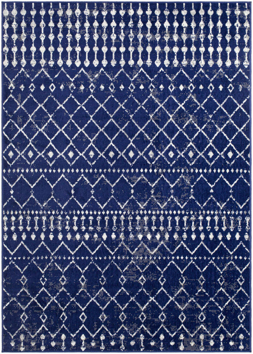 Close-up of the Varun Area Rug - Clearance, featuring a blue and white geometric diamond pattern. Design-Rectangle-57