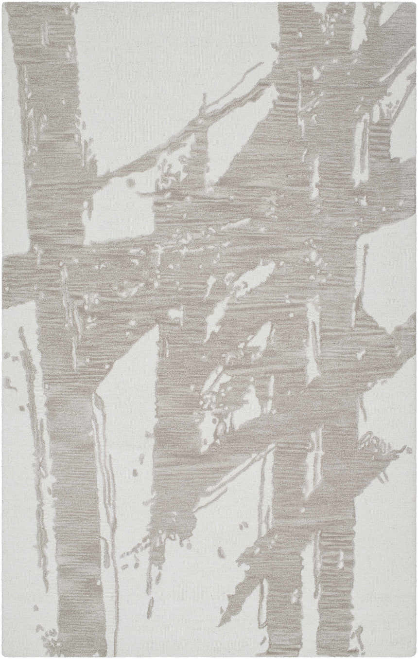Close-up of the Viven Ivory Area Rug, a hand-tufted wool rug with a contemporary abstract design in silver gray and ivory. Design-Rectangle-58