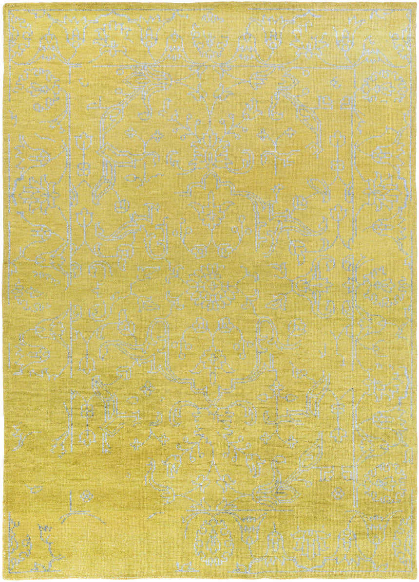 Close-up of the Voorhees Area Carpet. Olive wool rug with a slate, hand-knotted traditional pattern. Clearance item. Design-Rectangle-811