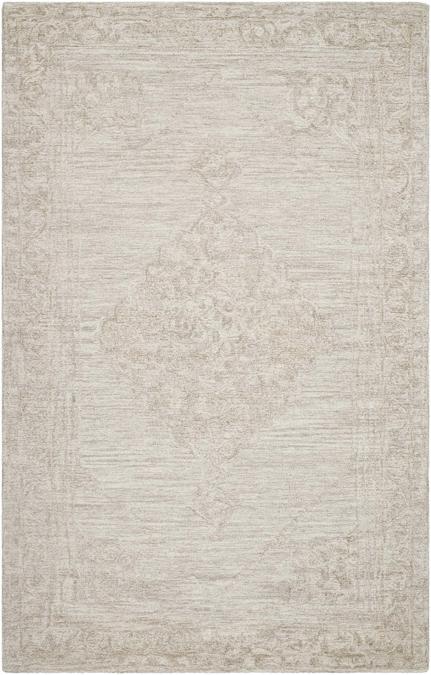 Close-up of the ash Verne Area Rug. Hand-tufted wool rug with a traditional, subtle floral pattern and border. Design-Rectangle-58
