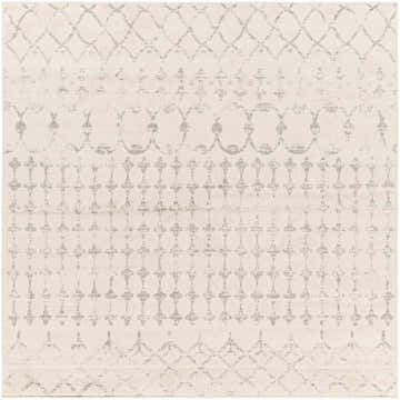 Close up of the Warton Area Rug. Light gray and off white bohemian pattern with a machine woven texture. Design-Square-67