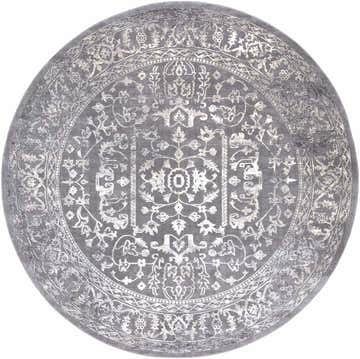 Close-up of the round Watford Updated Traditional Tibetan Rug, charcoal and ivory tones, vintage-inspired floral pattern. Design-Round-710