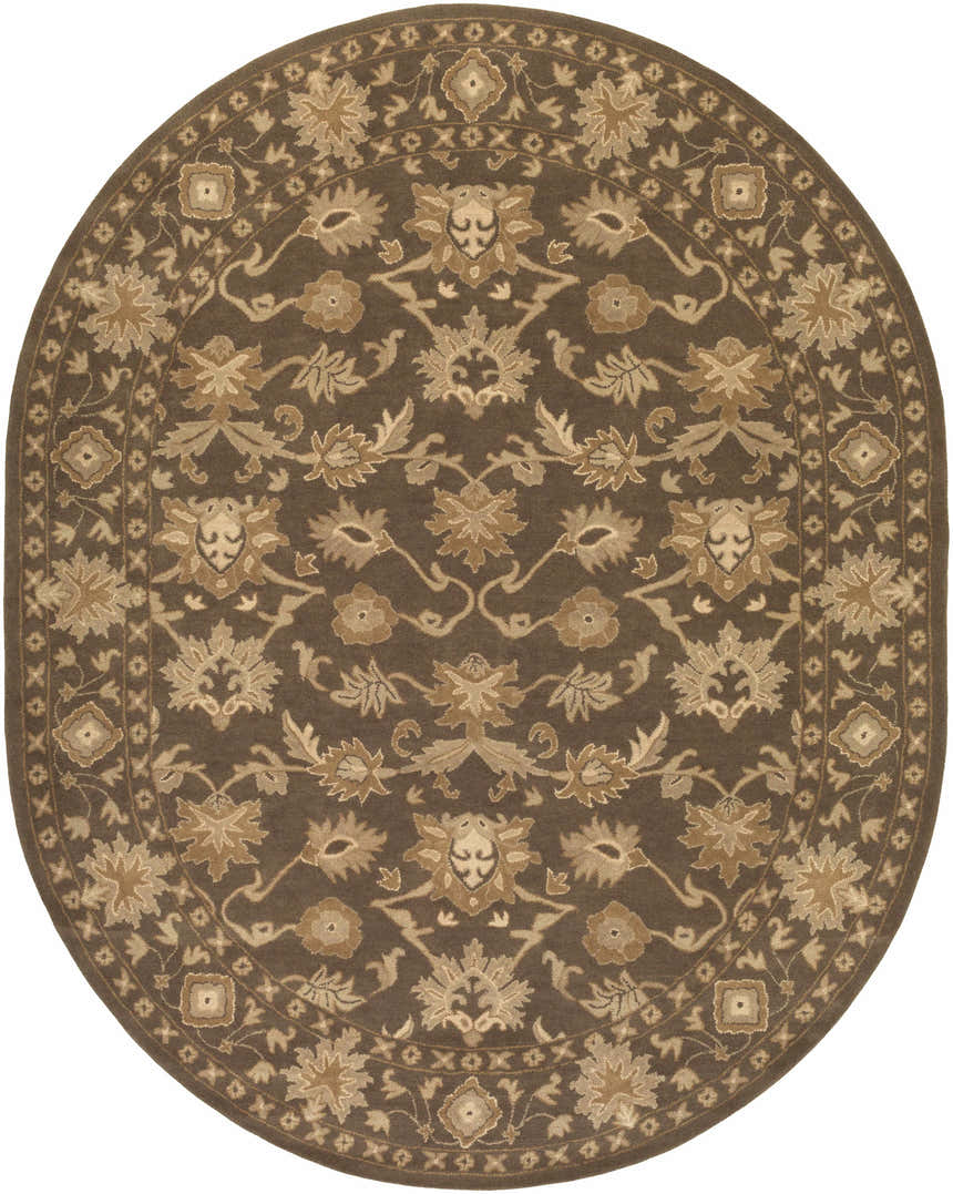 Close-up of the round Wauneta Area Rug. Dark red wool rug with a traditional floral and geometric pattern in medium gray. Design-Oval-810