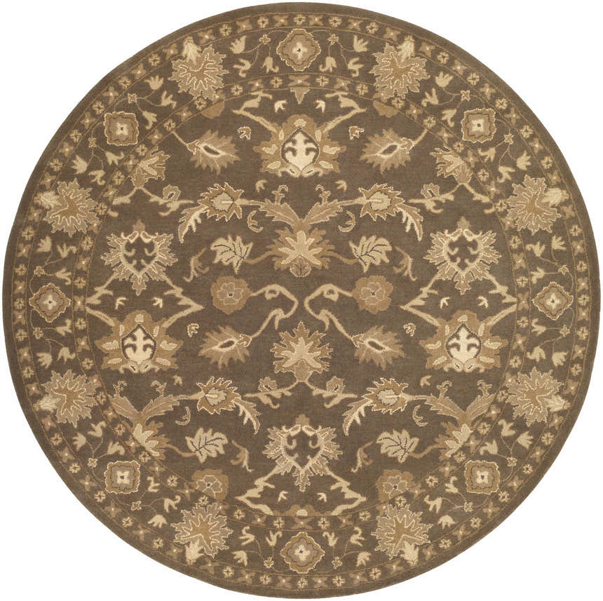 Close-up of the round Wauneta Area Rug. Dark red and medium gray wool rug with a traditional floral pattern. Hand-tufted texture. Design-Round-8