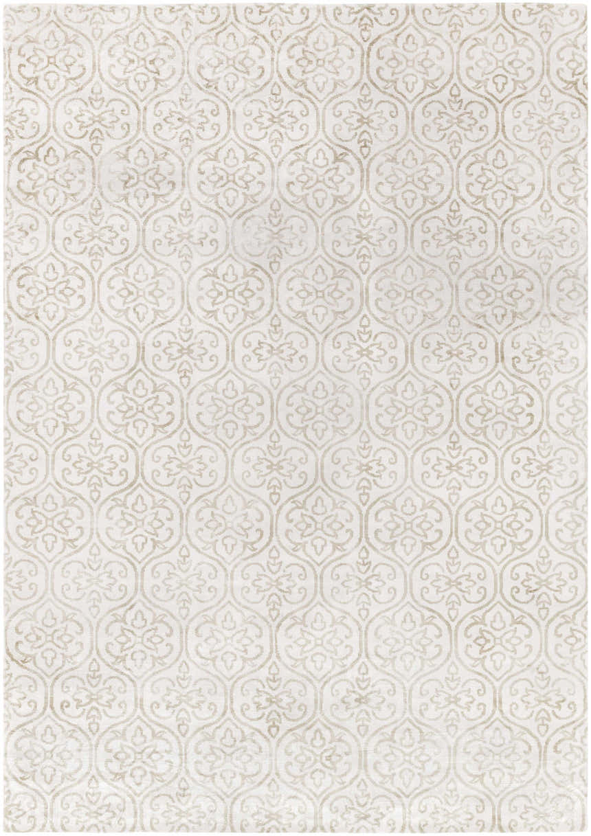 Close-up of the hand-loomed Wauseon Area Rug. Ivory rug with an olive floral medallion pattern in a traditional style. Design-Rectangle-811