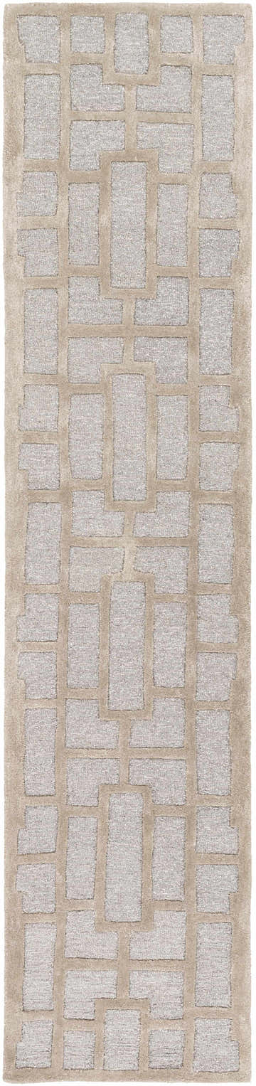 Close-up of the Wadesboro Area Rug; beige and light gray geometric pattern, hand-tufted wool texture. Design-Runner-310