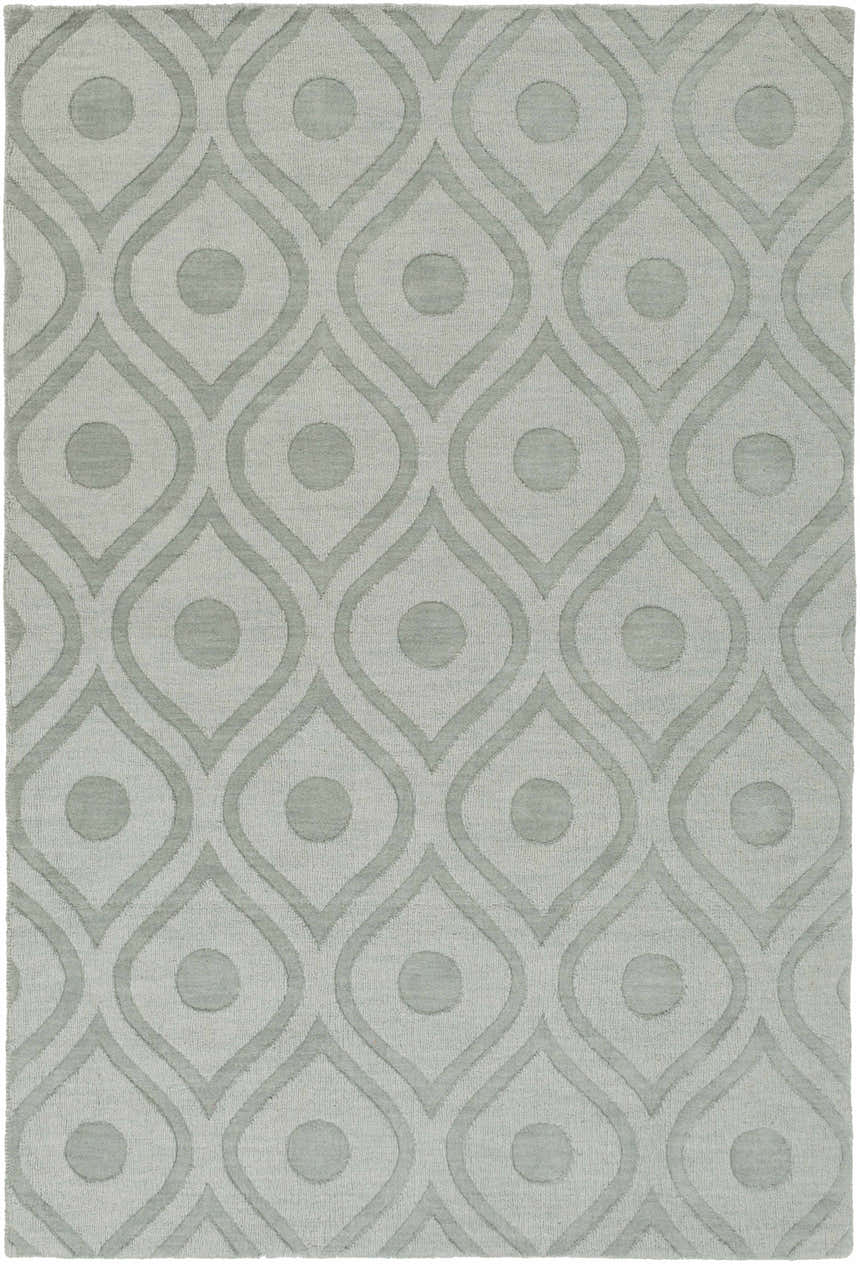 Close-up of the light gray Welaka Eye Pattern Wool Rug, featuring a geometric eye and dot design. Design-Rectangle-576