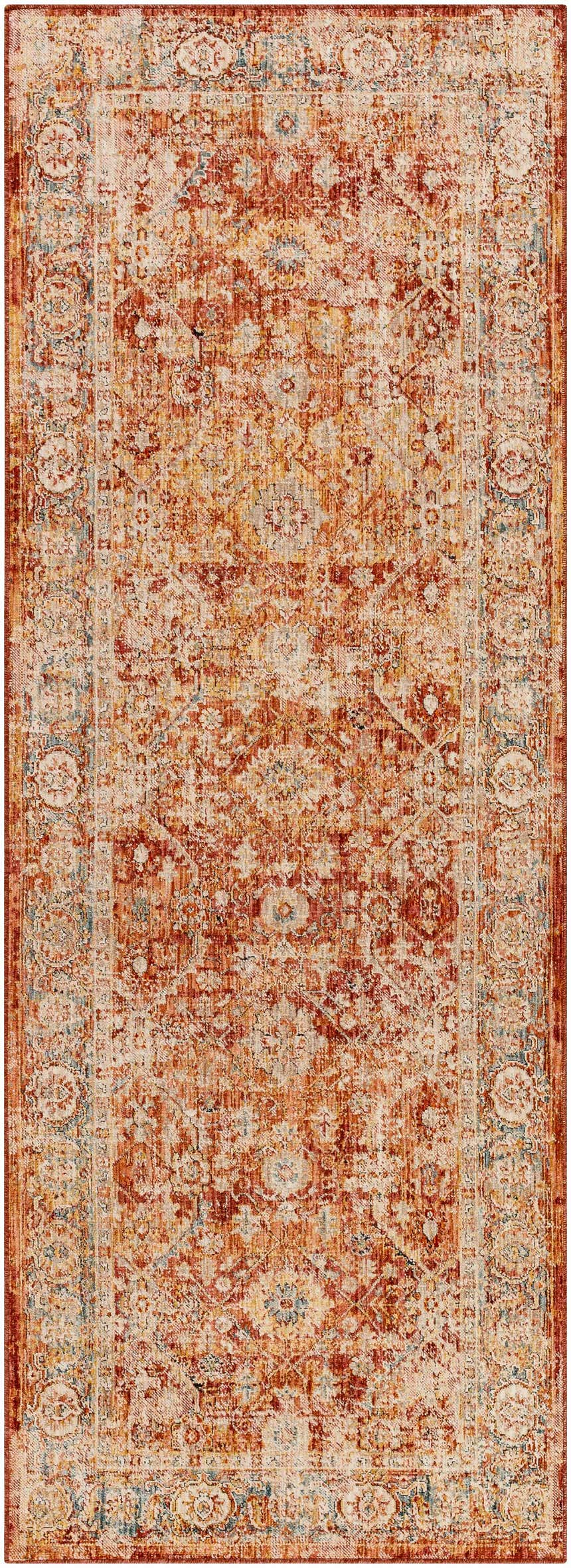 Close-up of the Wetaskiwin Area Rug - Clearance. Oriental design in brick red, burnt orange, cream, and blue hues. Design-Runner-2773