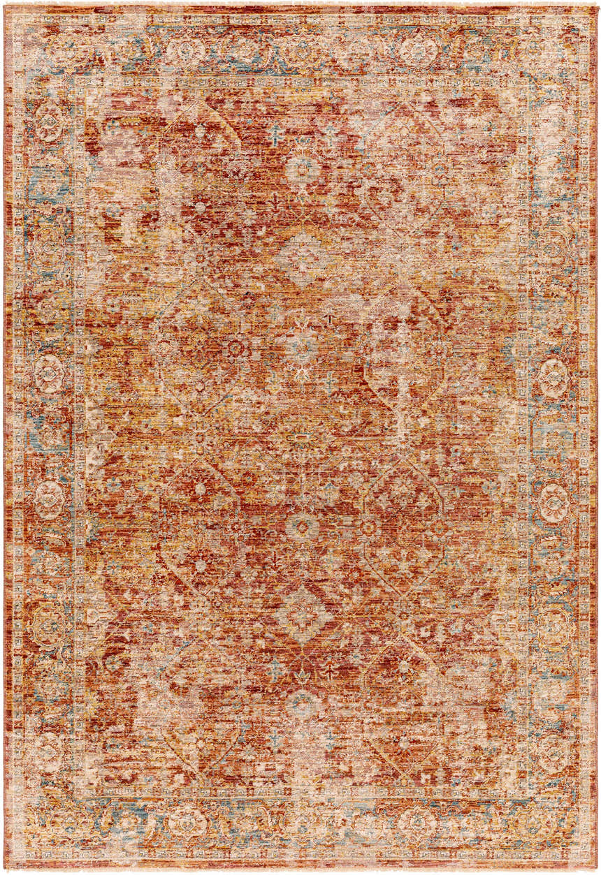 Detailed view of the Wetaskiwin Area Rug, showcasing its traditional, oriental design with brick red, cream, and blue tones. Design-Rectangle-575