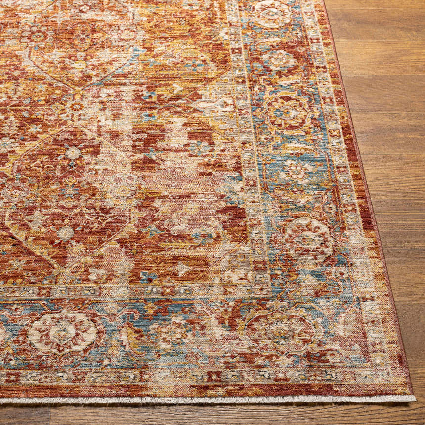 Close-up of the Wetaskiwin Area Rug. Traditional, bohemian style rug in brick red, burnt orange, and blue on wood floor. Front