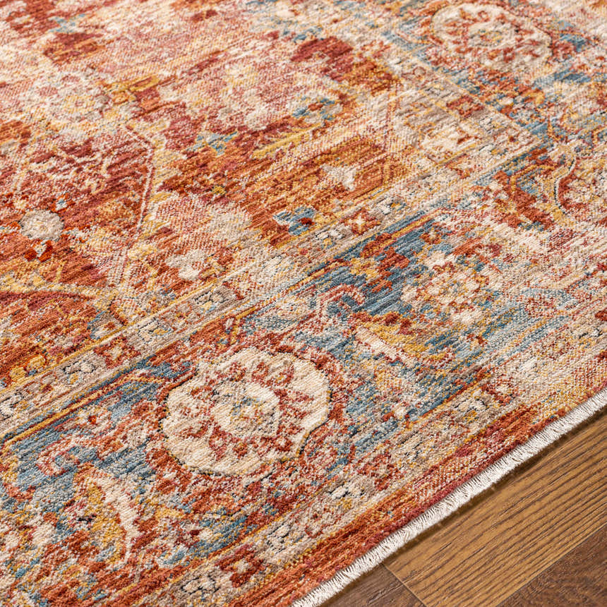 Close-up of the Wetaskiwin Area Rug. Features a traditional, oriental design with brick red, blue, and cream colors. Texture
