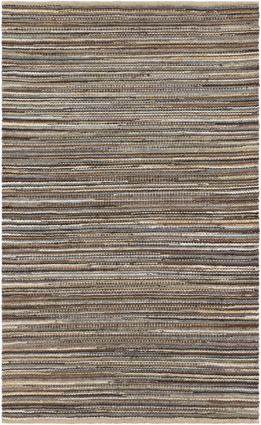 Close-up of the Weymouth Jute Rug. Hand-woven rug with horizontal stripes in black, cream, tan, and teal. Farmhouse style texture. Design-Rectangle-576