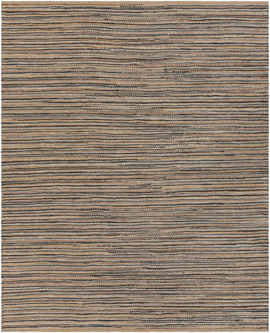 Close-up of Weymouth Jute Rug showing hand woven texture, and stripes in black, cream, tan, and teal. Design-Rectangle-810