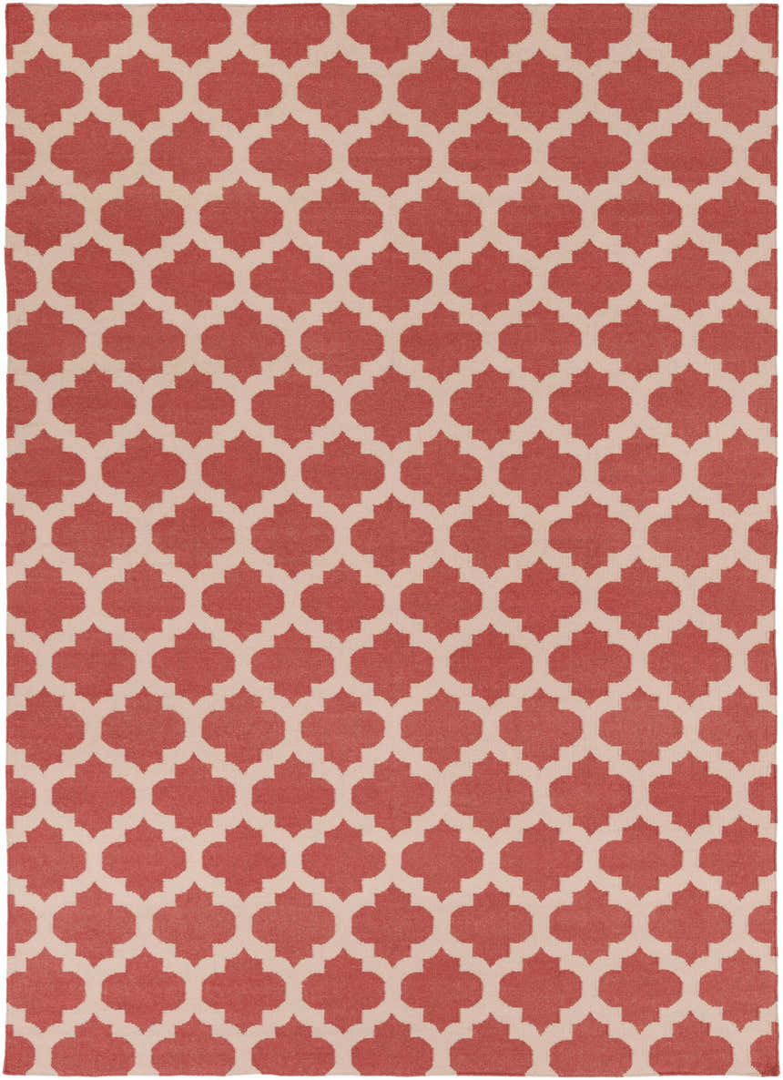 Close-up of the Whitelaw Area Rug, a hand-woven wool rug with a beige and rose pink geometric pattern. Design-Rectangle-811