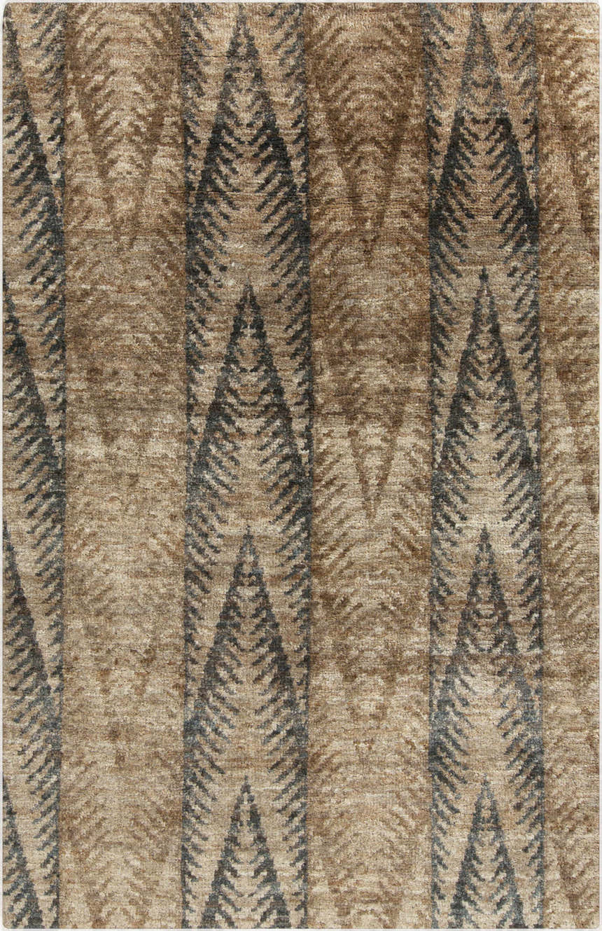 Close-up of the hand-knotted Wilburton Jute Carpet. Contemporary style with a brown and gray geometric pattern. Design-Rectangle-58