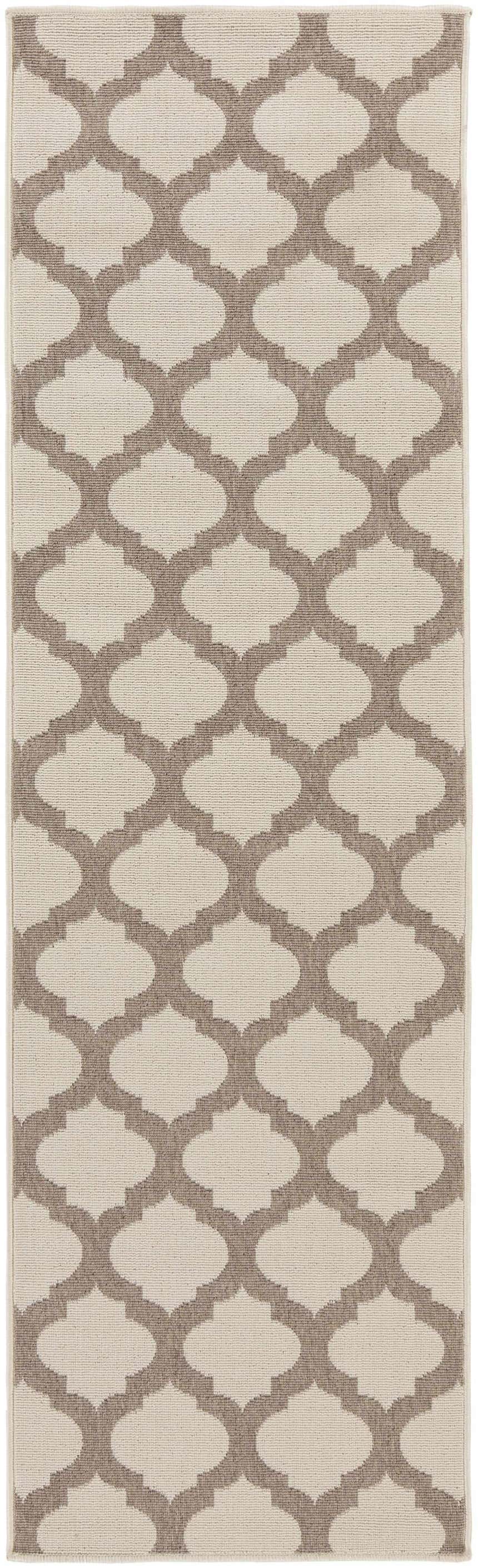Close-up of the Winterville Area Rug showing a beige and dark red geometric lattice pattern. Design-Runner-2379
