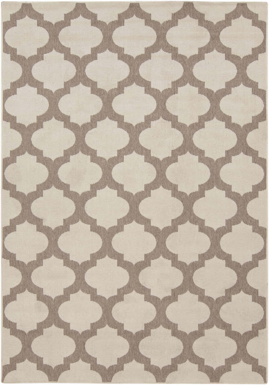 Winterville Area Rug: Beige and dark red olefin rug with a farmhouse-style quatrefoil pattern. Design-Rectangle-5376
