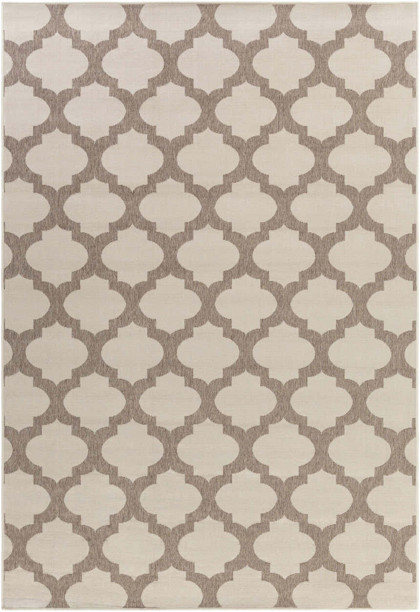 Close-up of the Winterville Area Rug. Beige rug with a dark red quatrefoil pattern. Farmhouse style. Design-Rectangle-76109