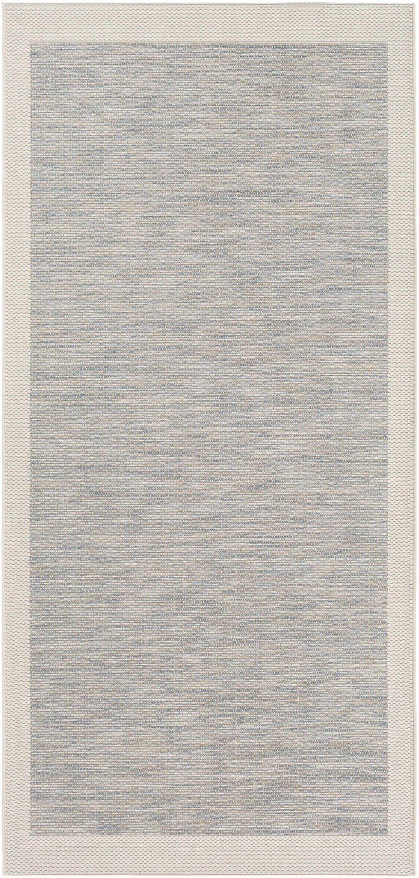 Close-up of the Wishon Area Rug. Woven texture with blue, cream, and taupe threads. Neutral border. Bathroom or kitchen rug. Design-Rectangle-237