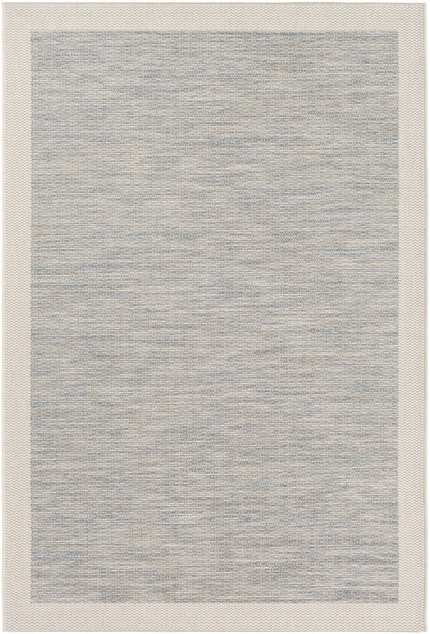 Close-up of the Wishon Area Rug. Blue, cream, and taupe woven design with a textured border. Perfect for bathroom or kitchen. Design-Rectangle-5477