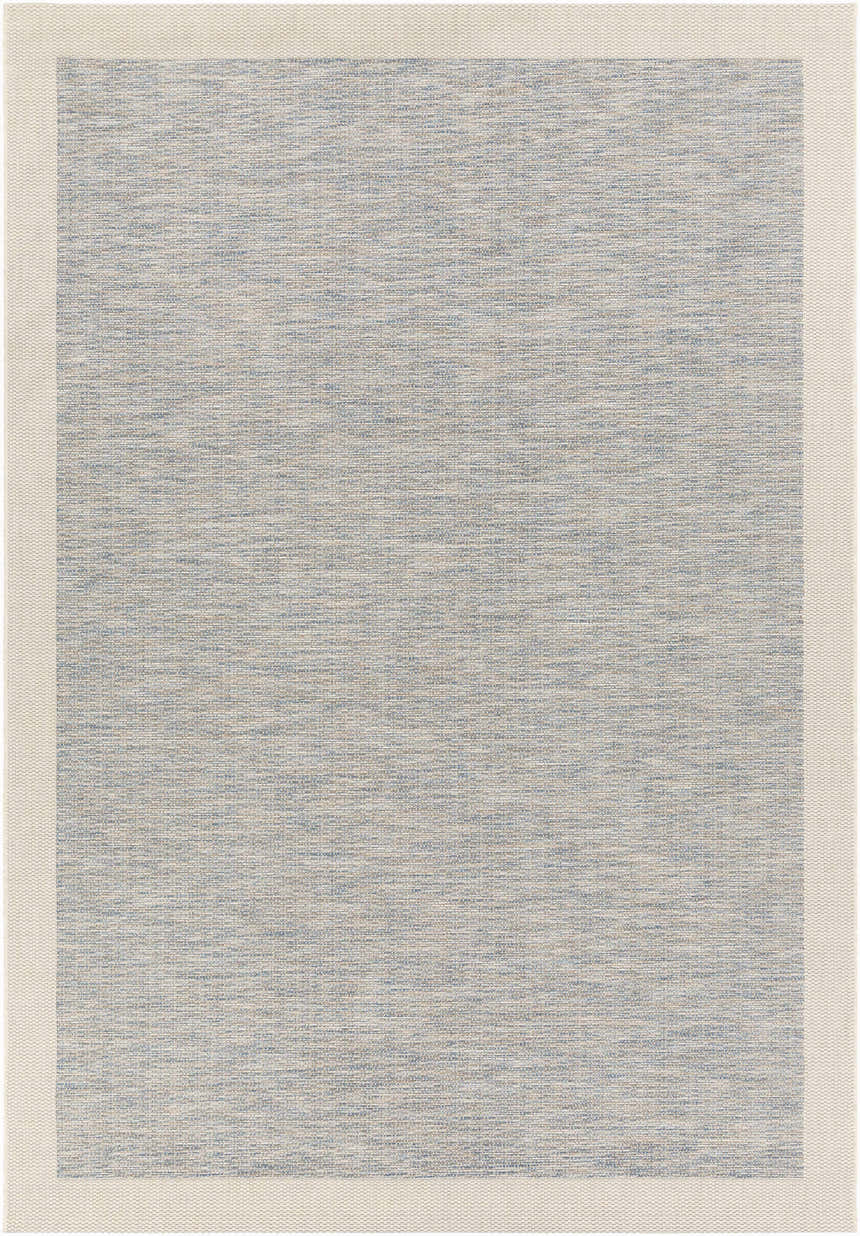 Close-up of the Wishon Area Rug. Blue, cream, and taupe woven design with a cream border. Clearance item. Design-Rectangle-7111011