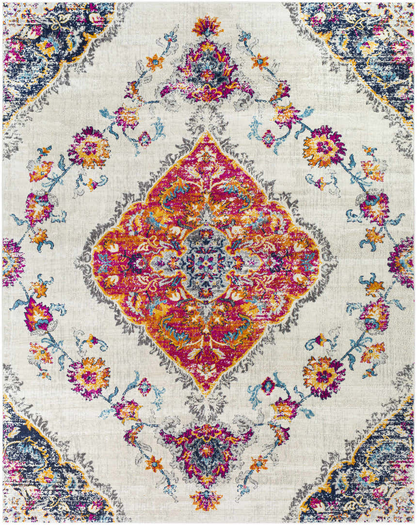 Wallsburg Magenta & Cream Area Rug featuring a Bohemian floral pattern in magenta, navy, saffron, and cream. Design-Rectangle-71010