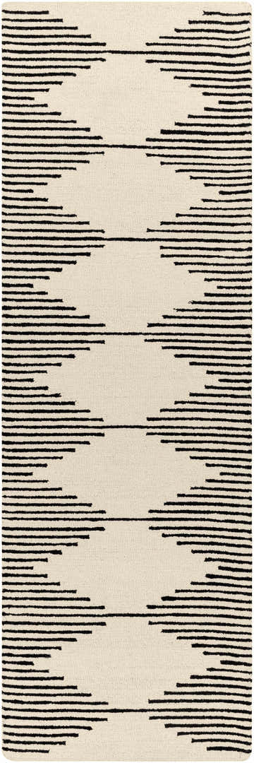 Close-up of the Walkerston Hand Tufted Wool Rug; beige background with a bold, black, geometric striped pattern. Design-Runner-268
