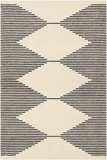 Close-up of the Walkerston Hand Tufted Wool Rug. Beige rug with a geometric diamond pattern made of black horizontal lines. Design-Rectangle-576