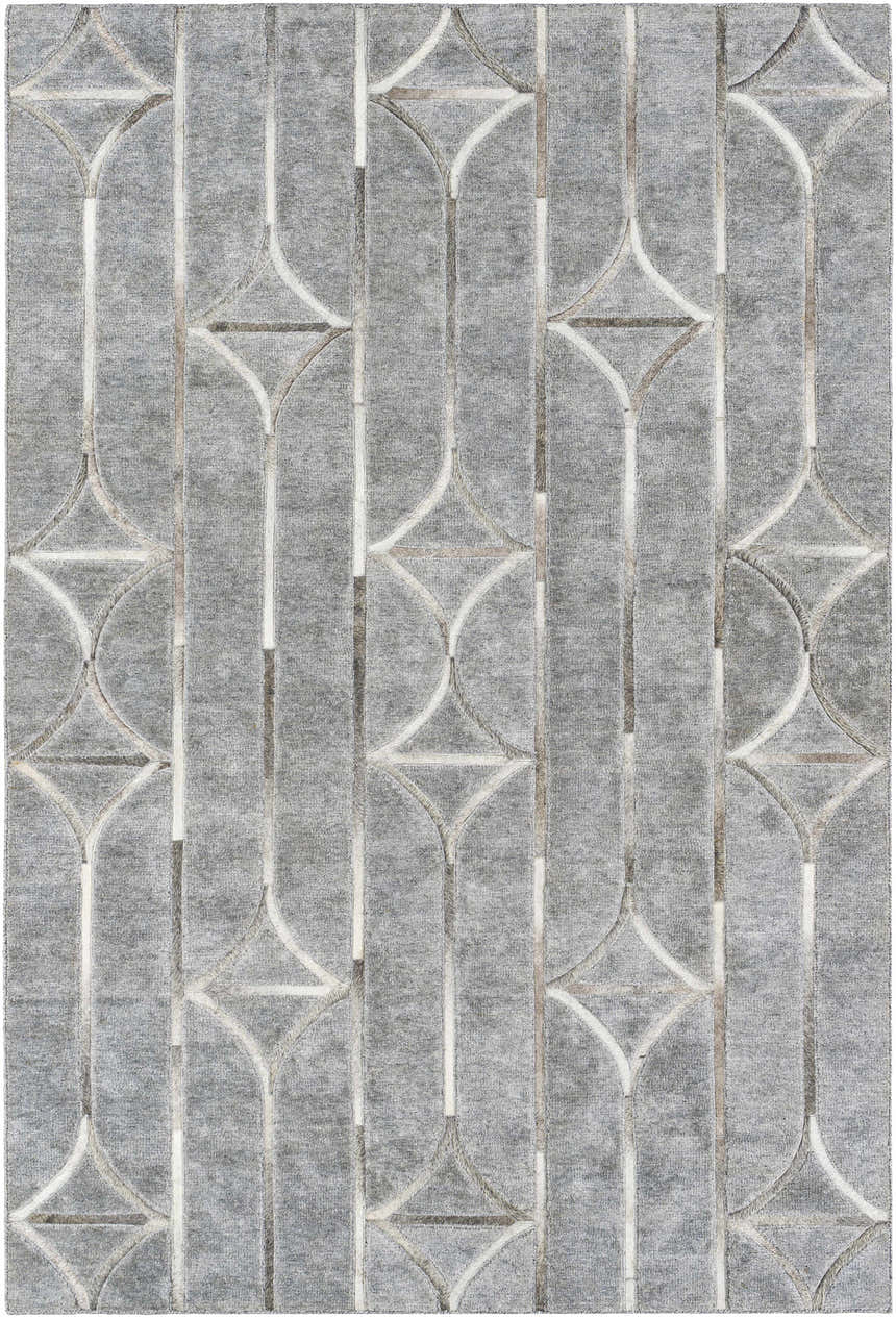 Close-up of the hand-crafted Willingham Area Rug. Charcoal, light beige, and gray viscose rug with a contemporary geometric pattern. Design-Rectangle-576