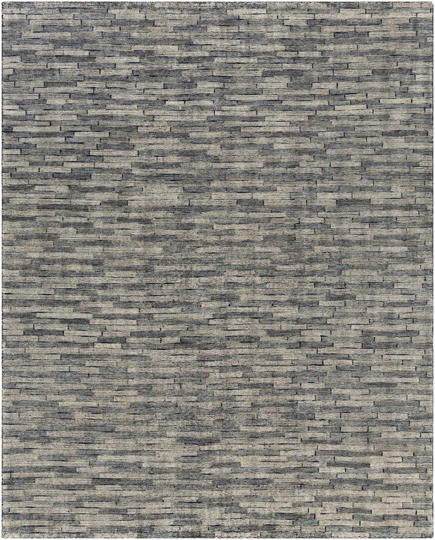 Close-up of the hand-knotted Willmar Premium Rug. Denim, ink blue, light olive, and sage wool rug with a contemporary design. Design-Rectangle-810